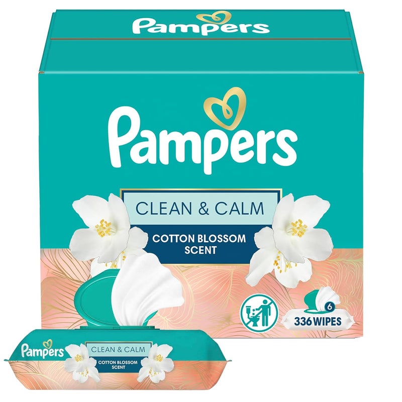 Pampers Wipes, Clean & Calm, Cotton Blossom Scent, 336 Wipes Total (6X Pop-Top Packs) - Image 1